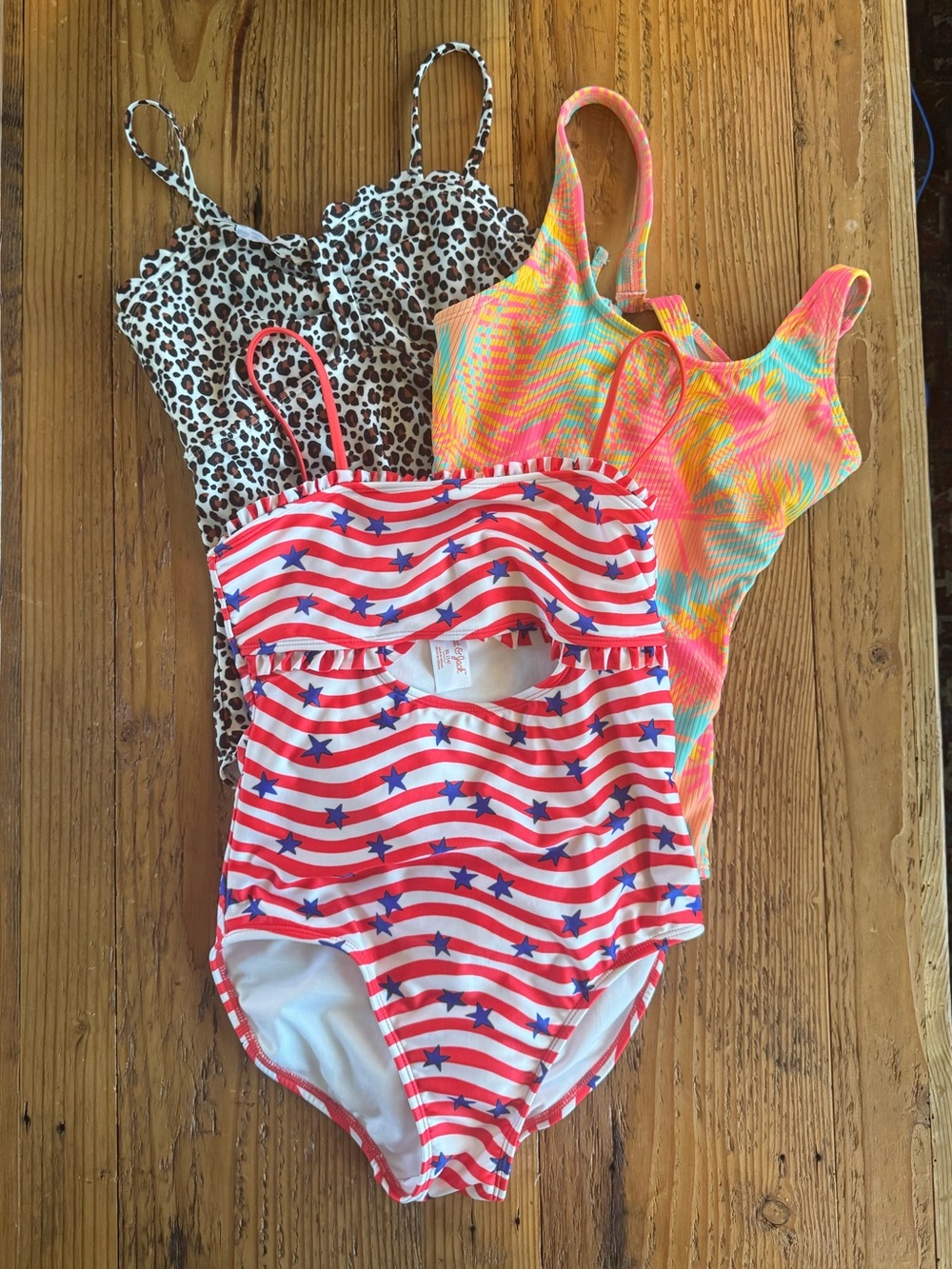 Girls One-Piece Swimsuit Trio - Stars & Stripes, Leopard, Neon Palm size 14